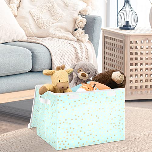 CaTaKu Glitter Dots Mint Blue Storage Bins with Lids Fabric Large Storage Container Cube Basket with Handle Decorative Storage Boxes for Organizing Clothes Shelves