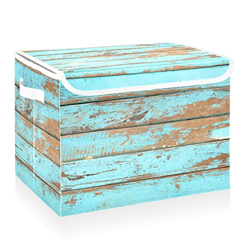 CaTaKu Blue Beach Wooden Storage Bins with Lids Fabric Large Storage Container Cube Basket with Handle Decorative Storage Boxes for Organizing Clothes Shelves