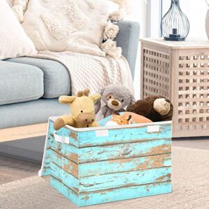 CaTaKu Blue Beach Wooden Storage Bins with Lids Fabric Large Storage Container Cube Basket with Handle Decorative Storage Boxes for Organizing Clothes Shelves