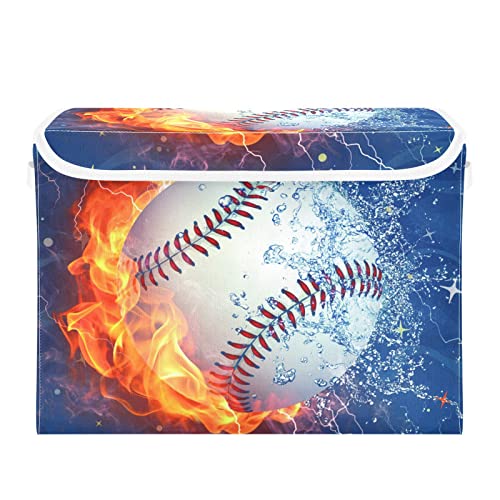 Kigai Water and Fire Baseball Storage Basket with Lid,Collapsible Storage Box Fabric Storage Bin for Closet,Office,Bedroom,Nursery