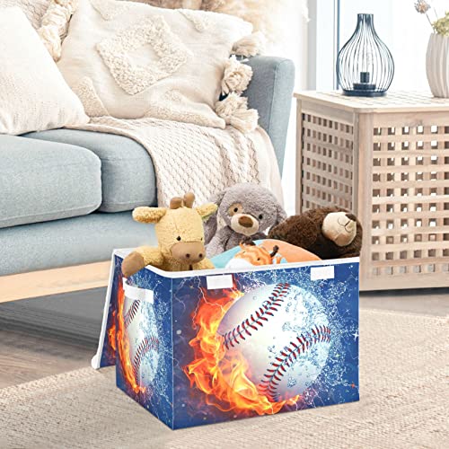 Kigai Water and Fire Baseball Storage Basket with Lid,Collapsible Storage Box Fabric Storage Bin for Closet,Office,Bedroom,Nursery