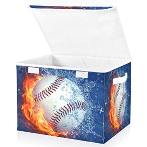 Kigai Water and Fire Baseball Storage Basket with Lid,Collapsible Storage Box Fabric Storage Bin for Closet,Office,Bedroom,Nursery