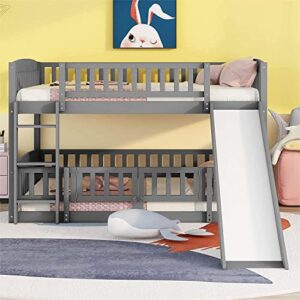 harper & bright designs low bunk beds full over full, wood kids bunk bed with slide, fence and ladder, full size bunk beds for girls boys, grey