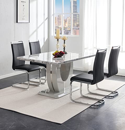 5 Piece Faux Marble Dining Table Set for 4, Modern Kitchen Table and Chairs Set with 1.4" Thick Faux Marble Table and 4 Faux Leather High Back Upholstered Dining Chair for Dining Room