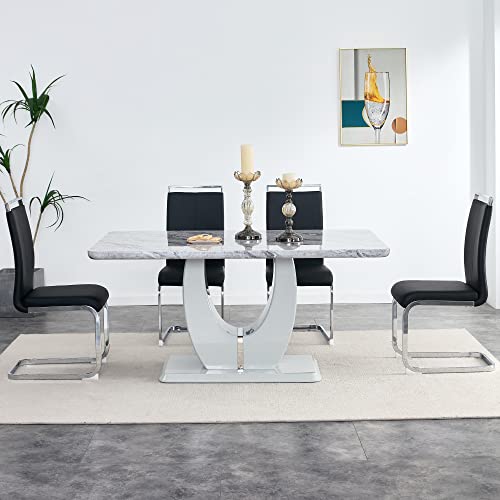 5 Piece Faux Marble Dining Table Set for 4, Modern Kitchen Table and Chairs Set with 1.4" Thick Faux Marble Table and 4 Faux Leather High Back Upholstered Dining Chair for Dining Room