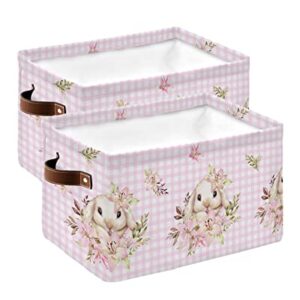 Easter Storage Bins with Handles, Bunny Spring Flowers Lop Rabbit Pink Plaid Storage Basket for Shelves, Cube Storage Organizer Bins for Toys, Closet (2 Pack, 15" x 11" x 9.5")