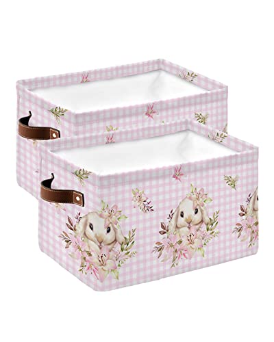 Easter Storage Bins with Handles, Bunny Spring Flowers Lop Rabbit Pink Plaid Storage Basket for Shelves, Cube Storage Organizer Bins for Toys, Closet (2 Pack, 15" x 11" x 9.5")