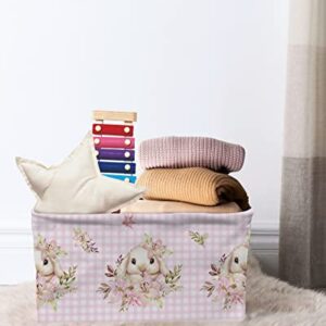 Easter Storage Bins with Handles, Bunny Spring Flowers Lop Rabbit Pink Plaid Storage Basket for Shelves, Cube Storage Organizer Bins for Toys, Closet (2 Pack, 15" x 11" x 9.5")