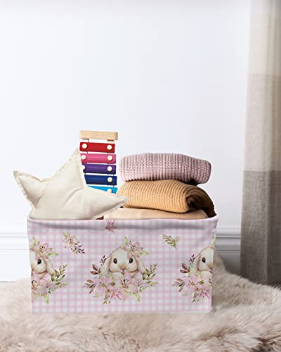 Easter Storage Bins with Handles, Bunny Spring Flowers Lop Rabbit Pink Plaid Storage Basket for Shelves, Cube Storage Organizer Bins for Toys, Closet (2 Pack, 15" x 11" x 9.5")