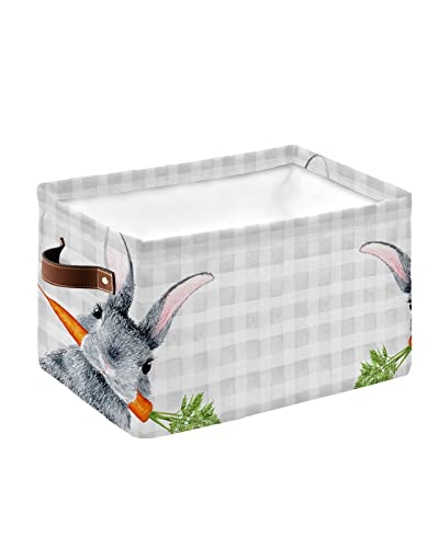 Easter Storage Bins with Handles, Bunny Carrot Watercolor Grey Plaid Storage Basket for Shelves, Cube Storage Organizer Bins for Toys, Closet (1 Pack, 15" x 11" x 9.5")