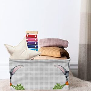 Easter Storage Bins with Handles, Bunny Carrot Watercolor Grey Plaid Storage Basket for Shelves, Cube Storage Organizer Bins for Toys, Closet (1 Pack, 15" x 11" x 9.5")