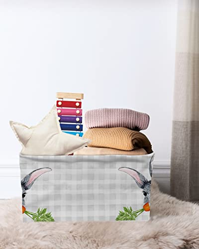 Easter Storage Bins with Handles, Bunny Carrot Watercolor Grey Plaid Storage Basket for Shelves, Cube Storage Organizer Bins for Toys, Closet (1 Pack, 15" x 11" x 9.5")