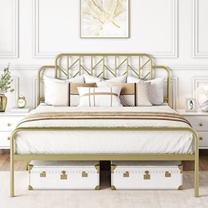 amyove gold metal queen size bed frame with headboard and footboard, 12.6 inches metal mattress foundation for storage, no box spring needed, easy assembly, modern style furniture (branch)