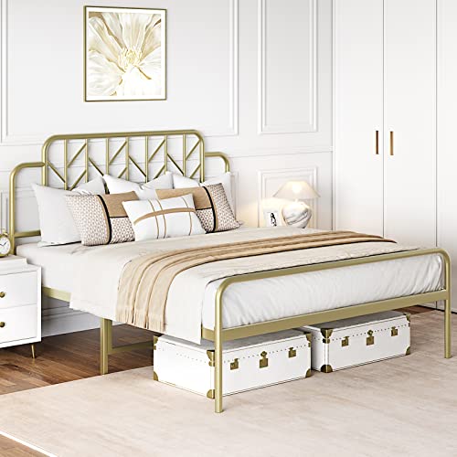 Amyove Gold Metal Queen Size Bed Frame with Headboard and Footboard, 12.6 Inches Metal Mattress Foundation for Storage, No Box Spring Needed, Easy Assembly, Modern Style Furniture (Branch)