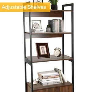 Babion 4-Tier Bookshelf, Industrial Bookshelf and Bookcase with 2 Doors, Standing Storage Cabinet, Bookshelf Display Shelf, Wood and Metal Storage Shelf for Bedroom, Home Office, Entryway, Brown