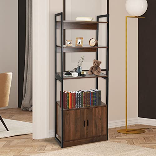 Babion 4-Tier Bookshelf, Industrial Bookshelf and Bookcase with 2 Doors, Standing Storage Cabinet, Bookshelf Display Shelf, Wood and Metal Storage Shelf for Bedroom, Home Office, Entryway, Brown