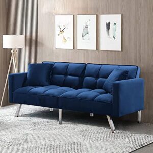 lch modern tuft futon couch convertible loveseat sleeper reclining sofa bed twin size with arms and 2 pillows for living room, light grey, navy blue