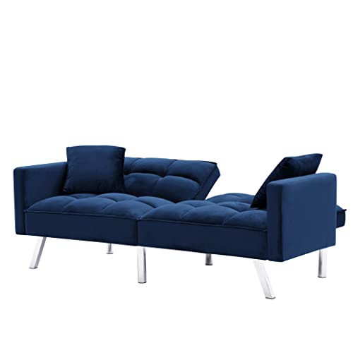 LCH Modern Tuft Futon Couch Convertible Loveseat Sleeper Reclining Sofa Bed Twin Size with Arms and 2 Pillows for Living Room, Light Grey, Navy Blue