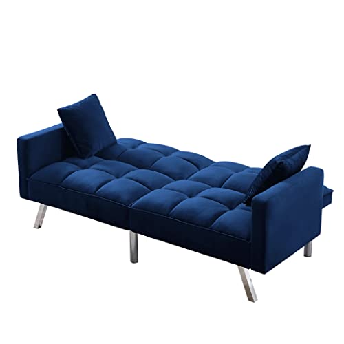 LCH Modern Tuft Futon Couch Convertible Loveseat Sleeper Reclining Sofa Bed Twin Size with Arms and 2 Pillows for Living Room, Light Grey, Navy Blue