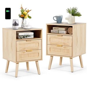 aileekiss rattan nightstands set of 2 with wireless charging station modern bedside tables with solid wood feet night stands set of 2 with drawers and open storage shelf for bedroom (natural 2 sets)