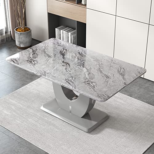 Pvillez Contemporary Dining Table for 6-8, High Gloss Kitchen Dining Room Table with Faux Marble Top and U Shape Wood Pedestal Base, 63" Rectangular Dining Table for Dining Room Kitchen Living Room