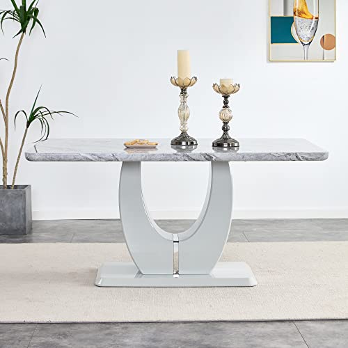 Pvillez Contemporary Dining Table for 6-8, High Gloss Kitchen Dining Room Table with Faux Marble Top and U Shape Wood Pedestal Base, 63" Rectangular Dining Table for Dining Room Kitchen Living Room