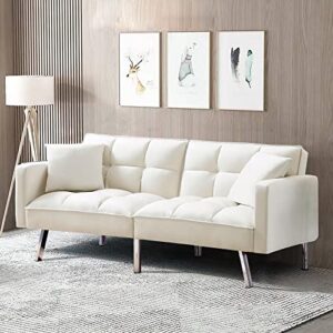 lch modern tuft futon couch convertible loveseat sleeper reclining sofa bed twin size with arms and 2 pillows for living room, beige
