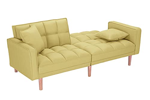 KoiHome Futon Sleeper Sofa Adjustable Back and Two Pillows, Modern Chaise with Conical Solid Wood Legs, Contemporary Home Furniture for Living, Bedroom,Office,Waiting Room, Polyester, Yellow