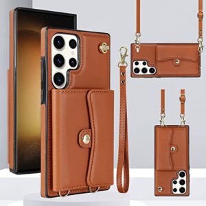 ximand for samsung galaxy s23 ultra phone case with adjustable crossbody lanyard and hand strap, shockproof wallet for s23 ultra,great gift for women ladys grils brown