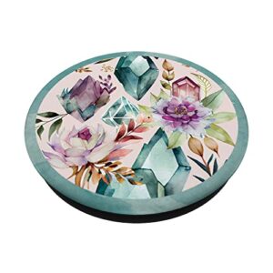 Beautiful Watercolor Flowers And Quartz Crystals Pattern PopSockets Swappable PopGrip