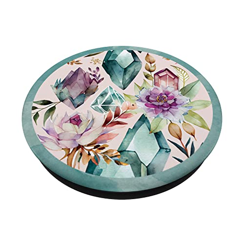 Beautiful Watercolor Flowers And Quartz Crystals Pattern PopSockets Swappable PopGrip