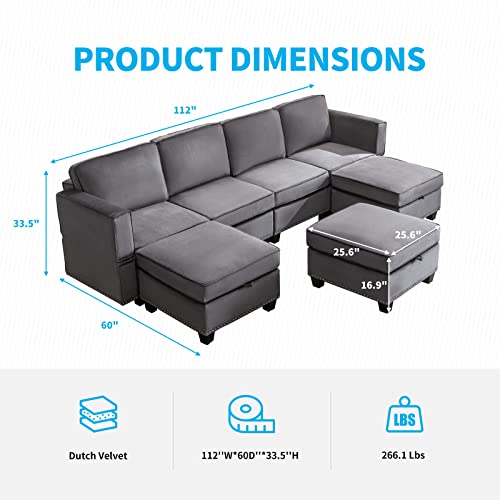 Horgaeo Sectional Sofa, 7-Seat Convertible L-Shaped Chaise Sofa Bed with Angle-Adjustable Backrest/Storage Ottoman Modern Couch Velvet Fabric Living Room(Dark Grey)