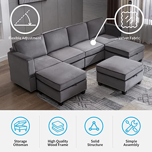 Horgaeo Sectional Sofa, 7-Seat Convertible L-Shaped Chaise Sofa Bed with Angle-Adjustable Backrest/Storage Ottoman Modern Couch Velvet Fabric Living Room(Dark Grey)