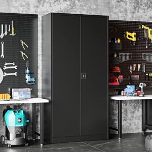 Anxxsu Metal Garage Storage Cabinet, 71" Metal Storage Cabinet with 2 Doors and 4 Adjustable Shelves, Lockable Metal Cabinets for Office,Home,Garage,Gym,School (Black)