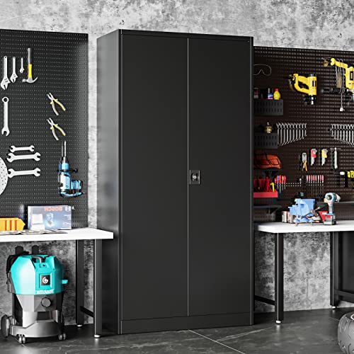 Anxxsu Metal Garage Storage Cabinet, 71" Metal Storage Cabinet with 2 Doors and 4 Adjustable Shelves, Lockable Metal Cabinets for Office,Home,Garage,Gym,School (Black)