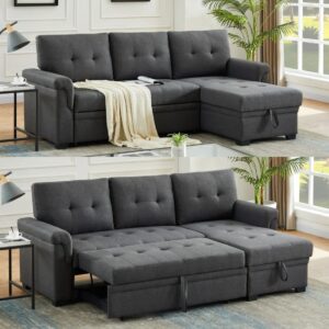 habitrio sectional sofa with chaise, 84" l-shape loveseat couch w/roll-out sleeper bed, reversible storage lounge, dark grey linen upholstered seating furniture for living room