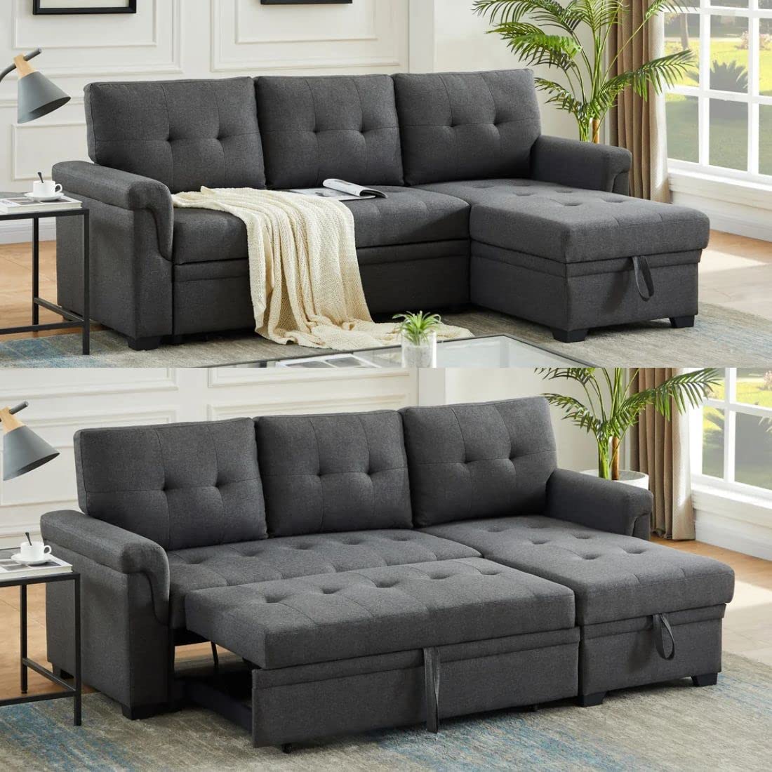 HABITRIO Sectional Sofa with Chaise, 84" L-Shape Loveseat Couch w/Roll-Out Sleeper Bed, Reversible Storage Lounge, Dark Grey Linen Upholstered Seating Furniture for Living Room