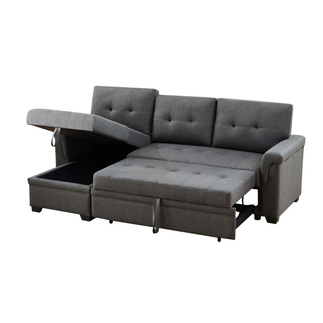 HABITRIO Sectional Sofa with Chaise, 84" L-Shape Loveseat Couch w/Roll-Out Sleeper Bed, Reversible Storage Lounge, Dark Grey Linen Upholstered Seating Furniture for Living Room