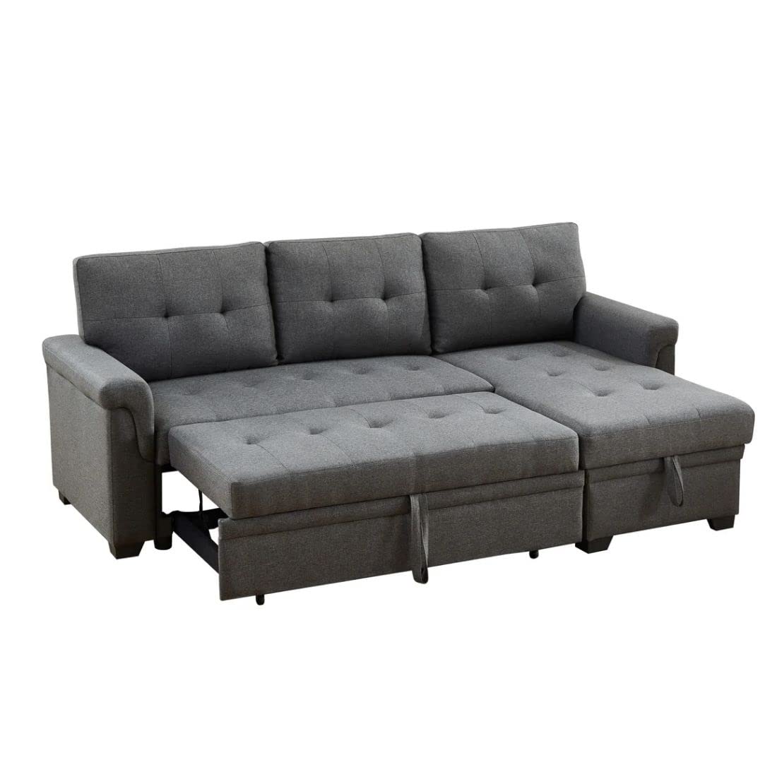 HABITRIO Sectional Sofa with Chaise, 84" L-Shape Loveseat Couch w/Roll-Out Sleeper Bed, Reversible Storage Lounge, Dark Grey Linen Upholstered Seating Furniture for Living Room