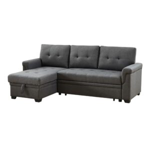 HABITRIO Sectional Sofa with Chaise, 84" L-Shape Loveseat Couch w/Roll-Out Sleeper Bed, Reversible Storage Lounge, Dark Grey Linen Upholstered Seating Furniture for Living Room