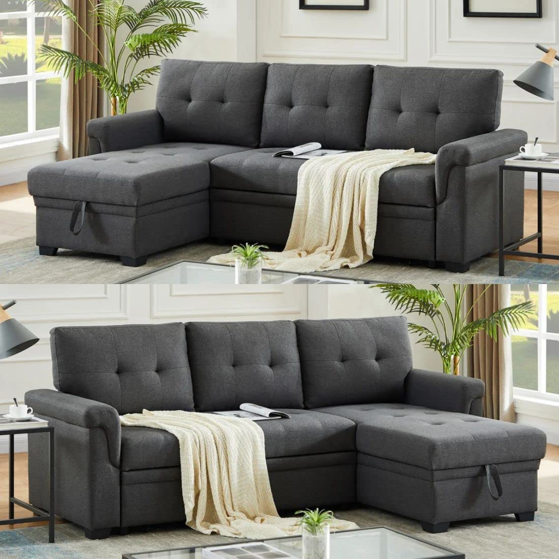 HABITRIO Sectional Sofa with Chaise, 84" L-Shape Loveseat Couch w/Roll-Out Sleeper Bed, Reversible Storage Lounge, Dark Grey Linen Upholstered Seating Furniture for Living Room