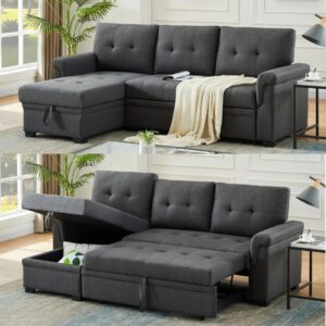 HABITRIO Sectional Sofa with Chaise, 84" L-Shape Loveseat Couch w/Roll-Out Sleeper Bed, Reversible Storage Lounge, Dark Grey Linen Upholstered Seating Furniture for Living Room