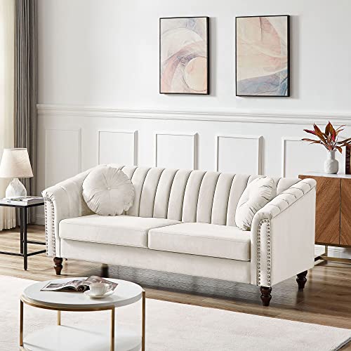 TRIPLE TREE Velvet 3 Seat Sofa Couch with 2 Pillows, Upholstered Tufted Back Sofa Couch with Nail Arms and Solid Wood Legs for Living Room, Compact Living Space, Apartment, Bonus Room, Beige