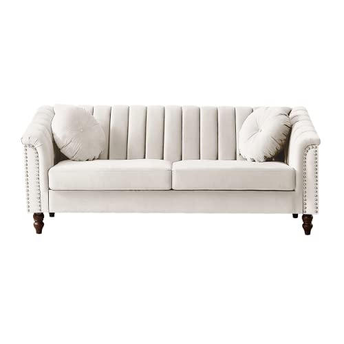 TRIPLE TREE Velvet 3 Seat Sofa Couch with 2 Pillows, Upholstered Tufted Back Sofa Couch with Nail Arms and Solid Wood Legs for Living Room, Compact Living Space, Apartment, Bonus Room, Beige