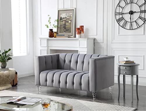 RORA&YANEAR Button Pull Sofa/Tufted Fabric Sofa/Transparent Acrylic Base Sofa(Grey)