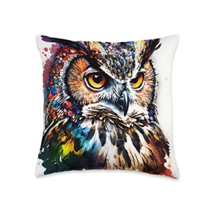 owl design store ltd watercolor colorful owl on white base throw pillow, 16x16, multicolor
