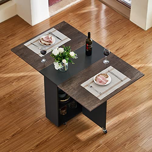 VONLUCE Drop Leaf Dining Table, Modern Folding Dining Table & Expandable Kitchen Table with Storage Shelves & Drawer, Rolling Space Saving Dining Table on 6 Wheels, Gray & Wood Grain Transformer Table