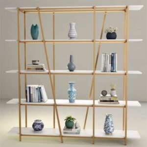 Gyfimoie Book Shelf and Bookcase, Gold Triple Wide 5 Tiers Large Open Bookshelf, 70.87" W x 70.87" H Etagere Bookcases for Home Office Decor, Easy Assembly (White+Gold)