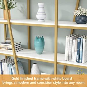 Gyfimoie Book Shelf and Bookcase, Gold Triple Wide 5 Tiers Large Open Bookshelf, 70.87" W x 70.87" H Etagere Bookcases for Home Office Decor, Easy Assembly (White+Gold)