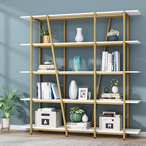 Gyfimoie Book Shelf and Bookcase, Gold Triple Wide 5 Tiers Large Open Bookshelf, 70.87" W x 70.87" H Etagere Bookcases for Home Office Decor, Easy Assembly (White+Gold)